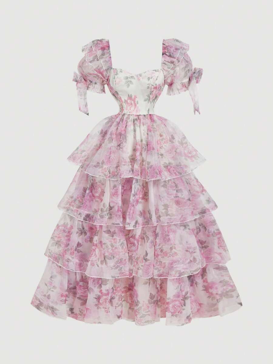 SHEIN MOD Apricot & Pink Floral Print Dreamy Romantic Elegant Organza Dress With Layered Ruffle Hem And Bow Accent, Suitable For Dates, Parties, Holidays, Teas, Birthday, Summer Outfits For Women,Romantic Dresses,Beach Outfits For Woman,Wedding Guest Dress Women,Concert Outfit Women,Rave Outfits Festival, Floral Dress For Women, Elegant Dresses For Women, Holiday Dresses For Women
