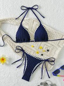 Swim Vcay 春假女士新款夏季纹理纯色泳装套装，细肩带、露背、侧系带泳裤，海滩度假比基尼 - 藏蓝色 - 查看 3