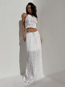 Firerie Set de 2 piezas para talla grande: Top de camiseta sin mangas de tela texturizada blanca y transparente con tirantes y falda larga holgada con opción de lazo y forro interior, elegante y apropiado para vacaciones, tardes de té, citas, conciertos, fiestas, estilo retro escolar, sesiones de fotos en la playa.
