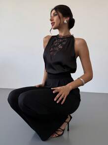 Firerie 情人节新款优雅浪漫性感派对约会黑色蕾丝拼接缎面职业衬衫，适合毕业、教师节、返校季等场合。 - 黑色 - 查看 8