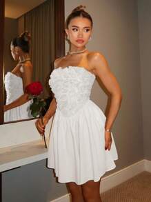 Glamine Glamine Elegant And Romantic Valentine's Day Luxury Satin Strapless Back Strap Women's Short Dress Strapless Solid Color Lace Up White Dress With Floral 3D Rose Reception Dress For Bride Classy Dresses Fashion Dress Women Dresses Prom