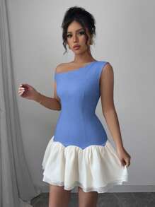 Chiquease Vestido corto sin mangas de mujer con diseño en organza de parches de color de contraste asimétricos en los hombros, nuevo para el otoño