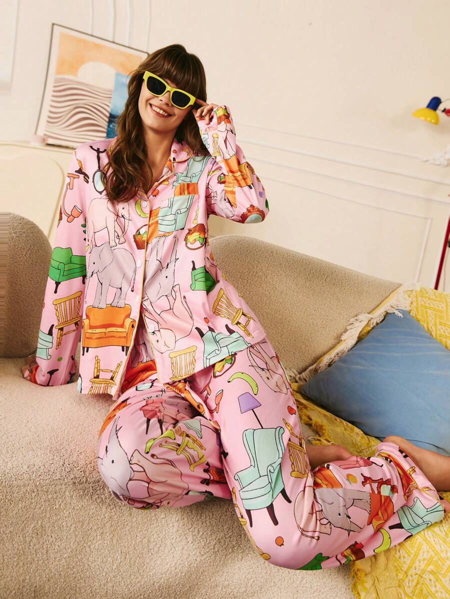 时尚全印花小狗图案女士睡衣套装 - 彩色 - 查看 1