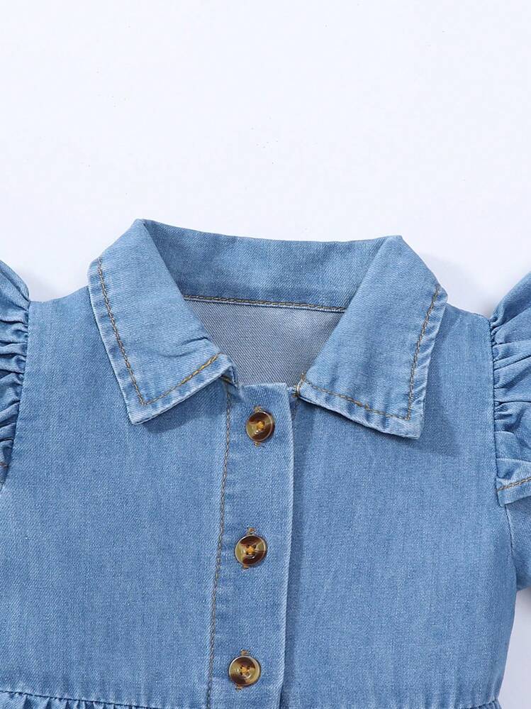 Baby & Baby Girl Casual Versatile Cute Ruffled Sleeve Comfortable Washed Denim Dress, Spring/Summer 2025 New Arrival, Suitable For Daily Wear - Light Wash - View 6