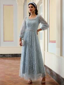 ZEYLAH Damen Pailetten-Stickerei Mesh Langes Kleid, minimalistische Mode Alltags-Lässig Wear - Babyblau - Übersicht 3