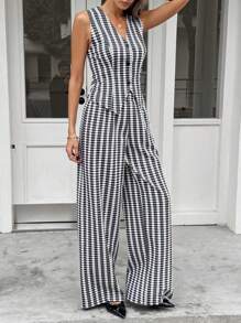 SHEIN Essnce 2 pièces Femmes Gilet rayé à simple boutonnage et pantalon Costume décontracté ample