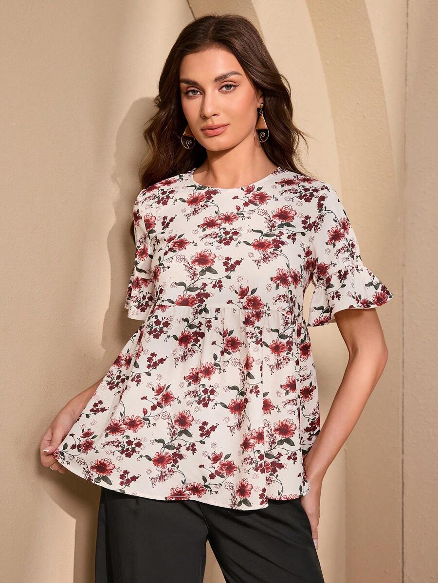 Almamuse 女式休闲印花荷叶边下摆衬衫 - 杏色 - 查看 1