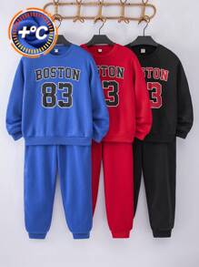 6pcs Tween Boys Casual Sports Letter & Number Graphic Print Round Neck Loose Sweatshirt And Drawstring Waist Relaxed Fit Solid Color Knit Pants 2pcs Outfit Set - Multicolor - View 3