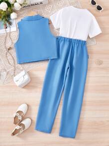 3-Piece Tween Girl Blue Vest Suit Set With White Tee And Pants, Formal Look, Spring/Summer