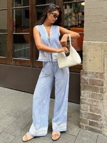 Serisse 2pcs Women Casual Vacation Stripe & Contrast Lace Camisole And Pants Set Summer Flower - Blue and White - View 5