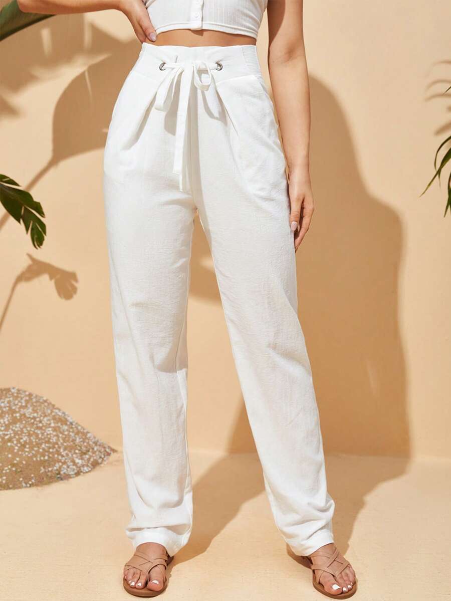 SHEIN VCAY Drawstring Waist Straight Leg Trousers - White - View 1