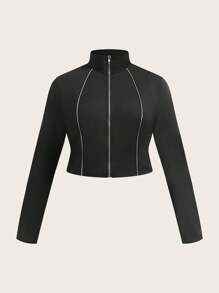 SHEIN EZwear 2pcs/Set Plus Size Women Zip-Up Long Sleeve Top And Pants, Simple Fashionable Casual Everyday Wear - Black - View 3