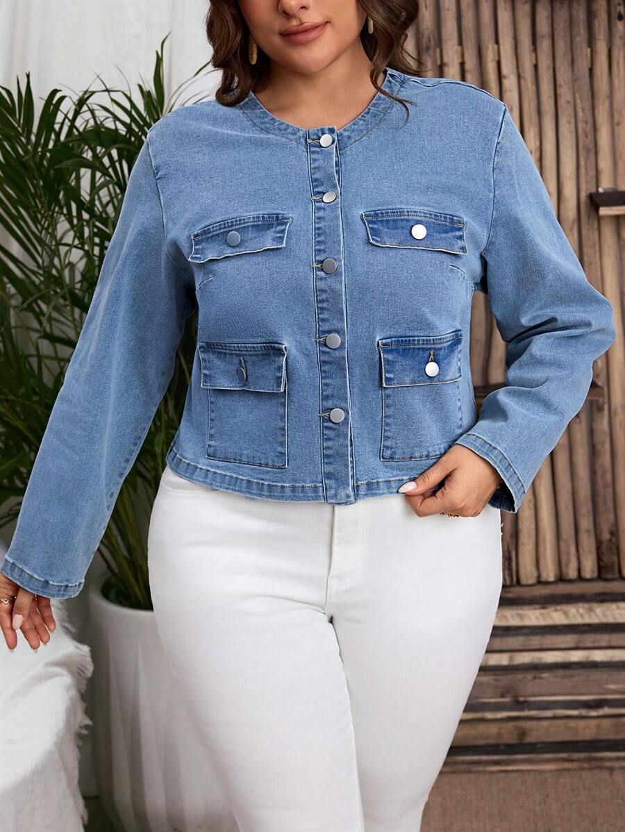 SHEIN LUNE Chaqueta vaquera casual de talla grande con botones al frente, manga larga y bolsillos