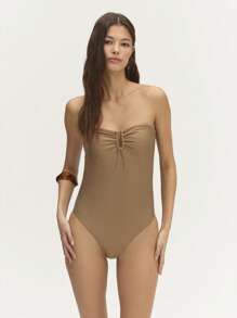 Nöista Textured Bardot Swimsuit 
Bardot Off-Shoulder Swimsuit. A Flattering U-Ring Detail With A Luxurious Touch! - Brown - View 3