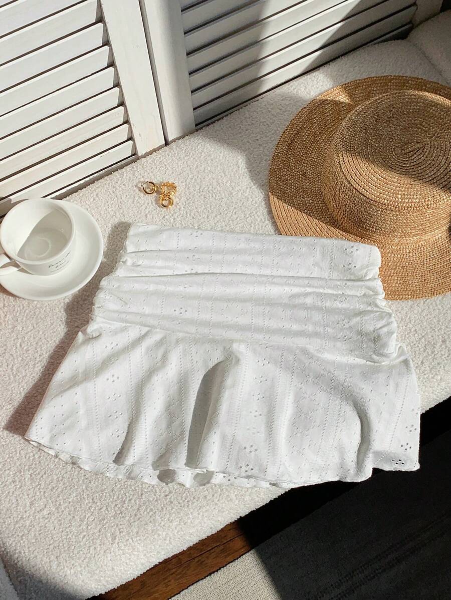 Comfortcana Minifalda a línea A con textura perforada y fruncido en color blanco - Blanco - Ver 1