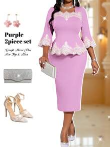 Fleurora Top y falda de talla grande elegante para otoño e invierno, el nuevo año y fiestas, de punto con cuello cuadrado, lápiz, contraste de encaje y volantes en el cuello, manga tres cuartos, color púrpura