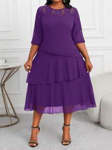 Fleurora Vestido midi de encaje con costuras, volantes y mangas huecas, para mujeres de talla grande, profesionales de negocios, en color púrpura. Ropa y vestidos de profesora, vestidos de otoño, vestidos de encaje, para las cuatro estaciones