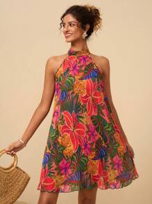 Travachic Damen Urlaubs-Lässig Tropischer Blume Muster Träger-Minikleid im Hawaii-Stil, Urlaubsstrandoutfit, tropisches Sommer-Strandkleid, geeignet für Party, Date, Nachmittagstee, Musikfestival - Heißes Pink - Übersicht 4