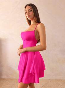 SHEIN BAE Vestido corto de mujer con cuello en V de satén, tirantes finos, espalda abierta, cintura con lazo, dobladillo asimétrico con volantes, apropiado para damas de honor, invitadas de boda, cóctel, baile de graduación, fiesta de Navidad - Rosa Fucsia - Ver 6