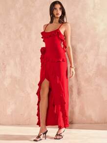 SHEIN BAE Spring/Summer Solid Red Asymmetrical Hem High Slit Multi-Layer Ruffle 3D Floral Decor Long Tank Dress, Vacation Dress, Bridesmaid Mini Dress, Valentine's Day Dress, Red Dress, Birthday Mini Dress