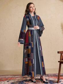 Al Najma 2 chiếc/bộ áo khoác cardigan dài in họa tiết chắp vá cho nữ và váy không tay - Màu xanh bụi bặm - Xem 7