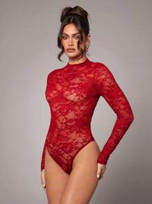 Silquee 女士优雅性感浪漫纯色红色、酒红色、勃艮第红、基本蕾丝甜美露背长袖紧身衣，适合姐妹聚会、情人节、晚上外出 - 紅色 - 查看 5