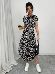 Selianne 女士休闲度假旅行豹纹前扣衬衫腰带蝴蝶结口袋侧开衩2025夏季新款短袖长裙 - 灰色 - 查看 4