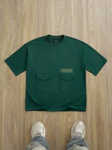 Manfinity VCAY 超大码男式 230 克纯绿色宽版宽松落肩 T 恤，带罗纹领和口袋，日本街头风格 - 軍綠色 - 查看 1