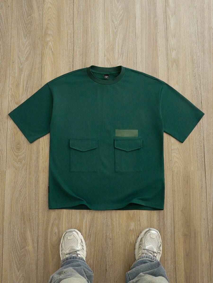 Manfinity VCAY 超大码男式 230 克纯绿色宽版宽松落肩 T 恤，带罗纹领和口袋，日本街头风格 - 軍綠色 - 查看 1