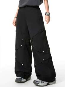 SHEIN Pantalons cargo pour filles préadolescentes, printemps/été Y2K, avec plis latéraux et clous - Noir - Voir 1