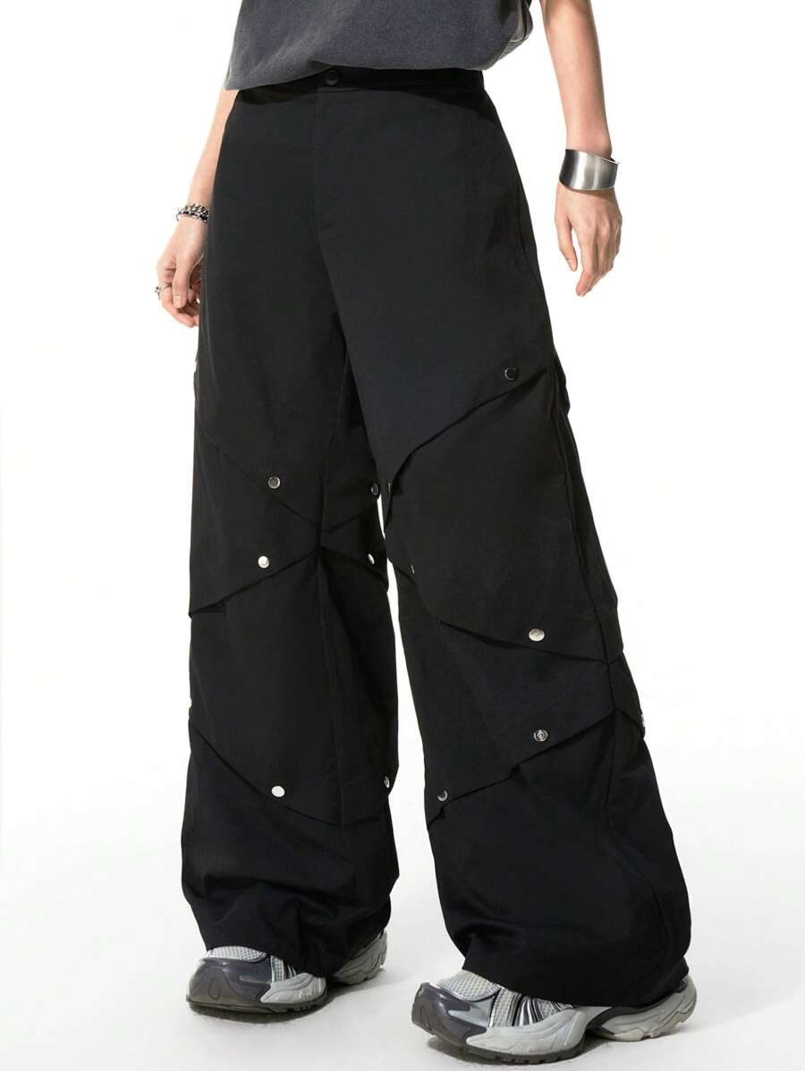 SHEIN Pantalons cargo pour filles préadolescentes, printemps/été Y2K, avec plis latéraux et clous - Noir - Voir 1