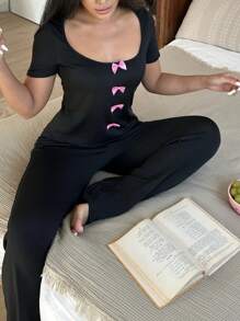 Casual Bow Accent Short Sleeve Top & Pants 2 Pieces Pajama Set For Women, Lounge Outfit