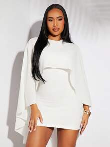 SHEIN SXY 优雅简约纯白色飘逸长款披肩领迷你连衣裙，适合斋月、通勤、派对、约会、生日、鸡尾酒会、伴娘、晚间外出、正式场合 - 白色 - 查看 6