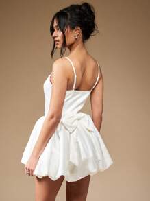 MISSGUIDED Satin Puffball Mini Dress With Back Bow Cute Sundress - White - View 2
