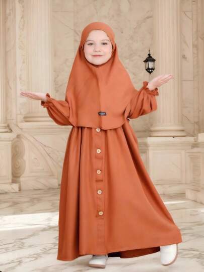 Young Girl Modest Patch Ruffle Trim Long Sleeve Robe With Hijab, Suitable For Spring & Autumn