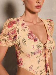 Glamine 女士优雅花卉印花蕾丝拼布短款 T 恤 - 黃色 - 查看 6