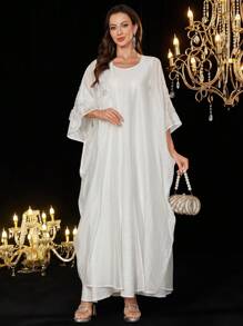 Al Najma 2pcs Set Women Loose White Robe + Tank Dress, Thin Floral 3D Design, Spring/Summer - White - View 4