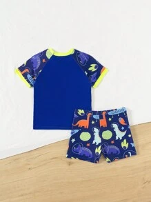 2pcs Boy "Young Boy" Letter Print Raglan Sleeve T-Shirt And Shorts Swimsuit Set (Printed Design) - Multicolor - View 6