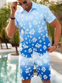 Manfinity RSRT Set de 2 piezas de camisa de manga corta con botones delanteros y estampado floral, y pantalones cortos para hombre