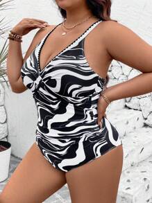 SHEIN Swim Lushore Plus Size Zebra Print Swimsuit