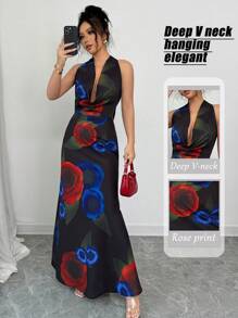 Selianne Elegant Floral Print Halter Dress With Oversized Collar - Multicolor - View 2