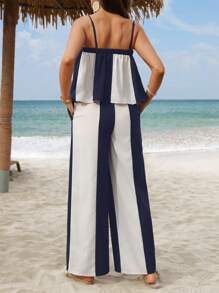 SHEIN Boho Camisole Top & Adjustable Waist Wide Leg Pants Set, Solid Color Maternity 2 Pieces - Blue and White - View 2