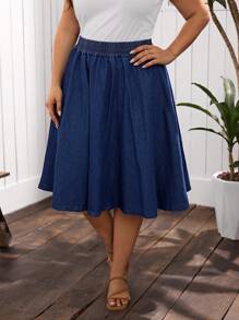 EMERY ROSE Plus Size Casual Elastic Waist Denim Skirt - Blue - View 3