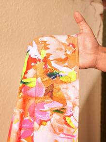 Slaydiva Plus Size Vacation & Party & Elegant Sexy 2pcs Set: Fitted Short Sleeve Shirred Tie-Knot Ruffle Patchwork Top And Long Layered Ruffle Hem Skirt, Summer - Multicolor - View 8