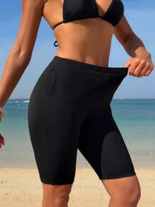 Swim SPRTY Women Black Ribbed High Waisted Minimalist Athletic Swim Shorts, Summer Beachwear