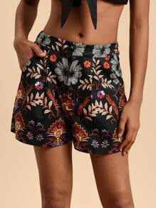 Travachic Women's High Waist Loose Tropical Plants Print Shorts With Pockets, Casual - Black - View 4