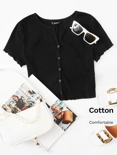 SHEIN EZwear Button Front Lettuce Trim Rib-knit Tee