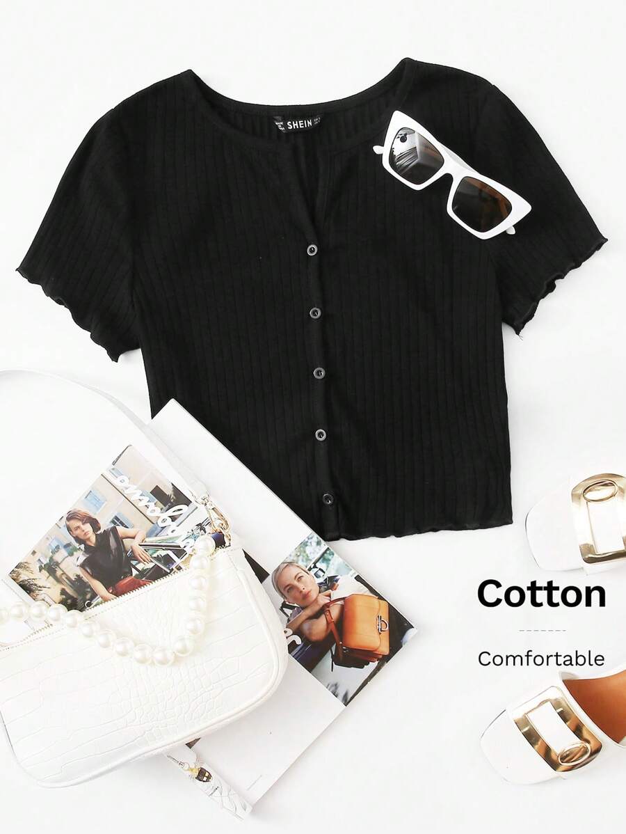 SHEIN EZwear Button Front Lettuce Trim Rib-knit Tee - Black - View 1