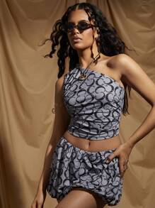 COSMINA 2pcs Women's Full Print Sleeveless Pleated Blouse And Mini Skirt Set - Multicolor - View 3