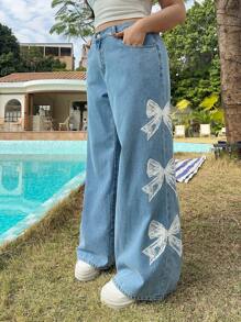 SHEIN MOD Blue Women's Plus Size Jeans Side Bow Elegant And Beautiful Straight Wide Leg Pants Movement Ballet Style Summer Jeans - Light Wash - View 4